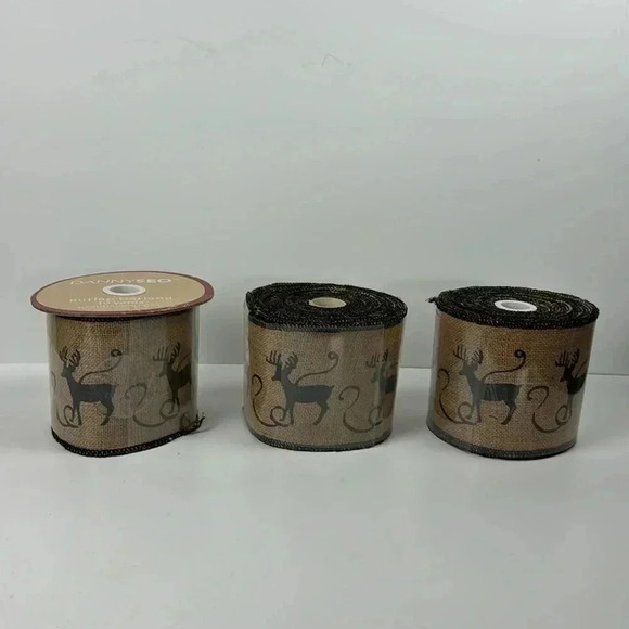 Christmas 4” burlap black reindeer motif 3 rolls 10 YRD each New  WIRED - Picture 3 of 4